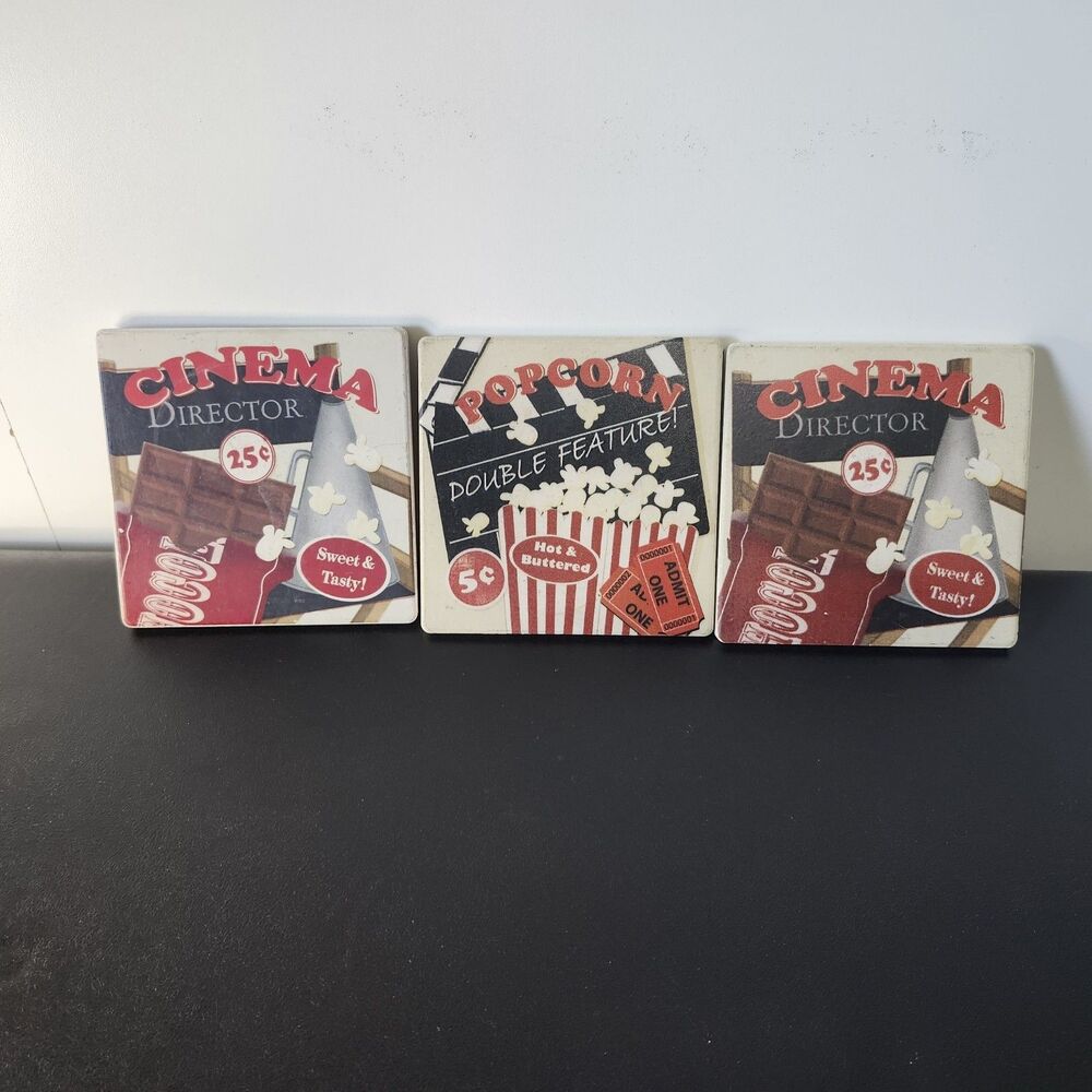 Vintage Retro Movie Night Ceramic Coasters Set of 3 Veronique Charron Cinema